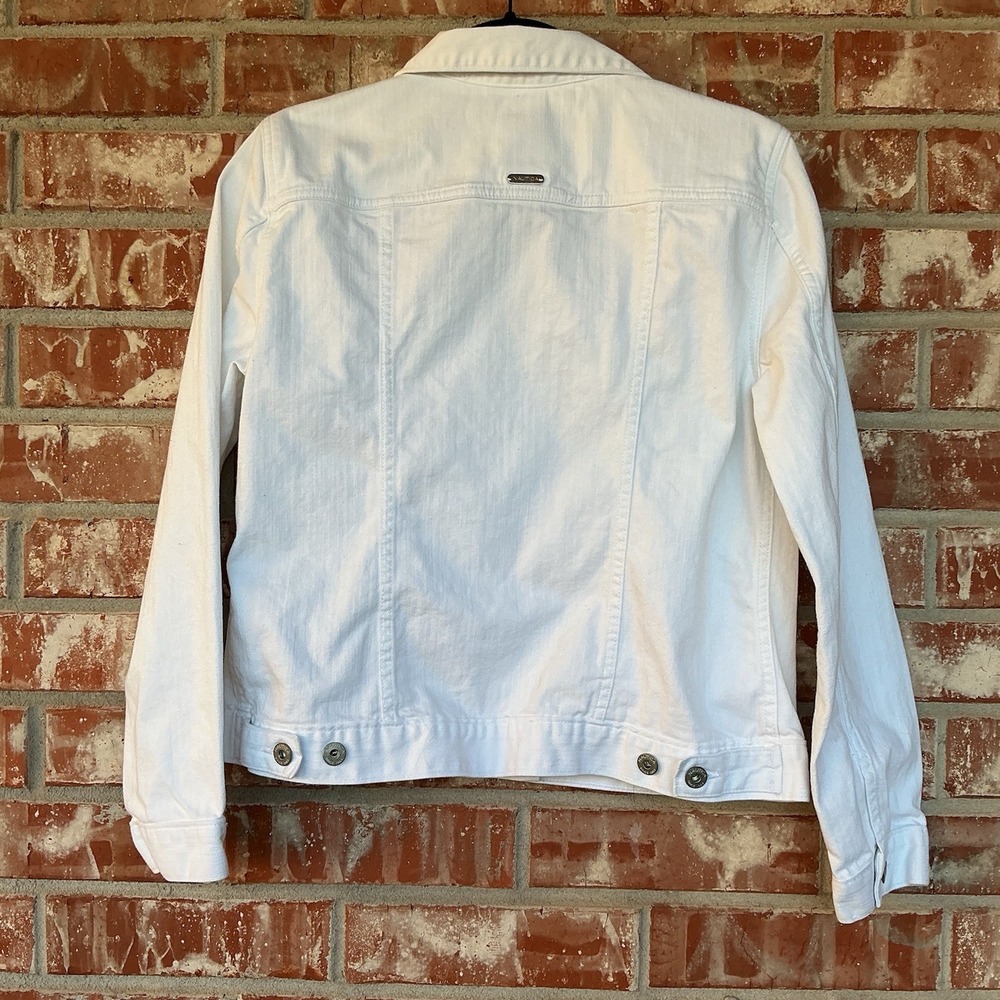 Nautica White Denim Women's Biker Bomber Jacket L Cotton Blend Button Front EUC - Picture 2 of 3